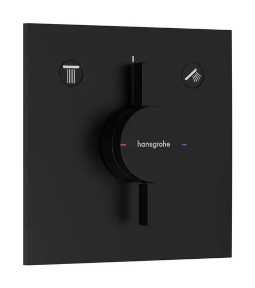 Deckeneinbau-Mischer mit einem runden Drehknopf von Hansgrohe, zwei Schaltern für unterschiedliche Verbraucher, in mattschwarzem Design.